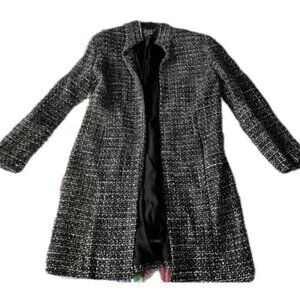 Valerie Stevens Black White Tweed Wool Blend Long Blazer Coat, Size 8